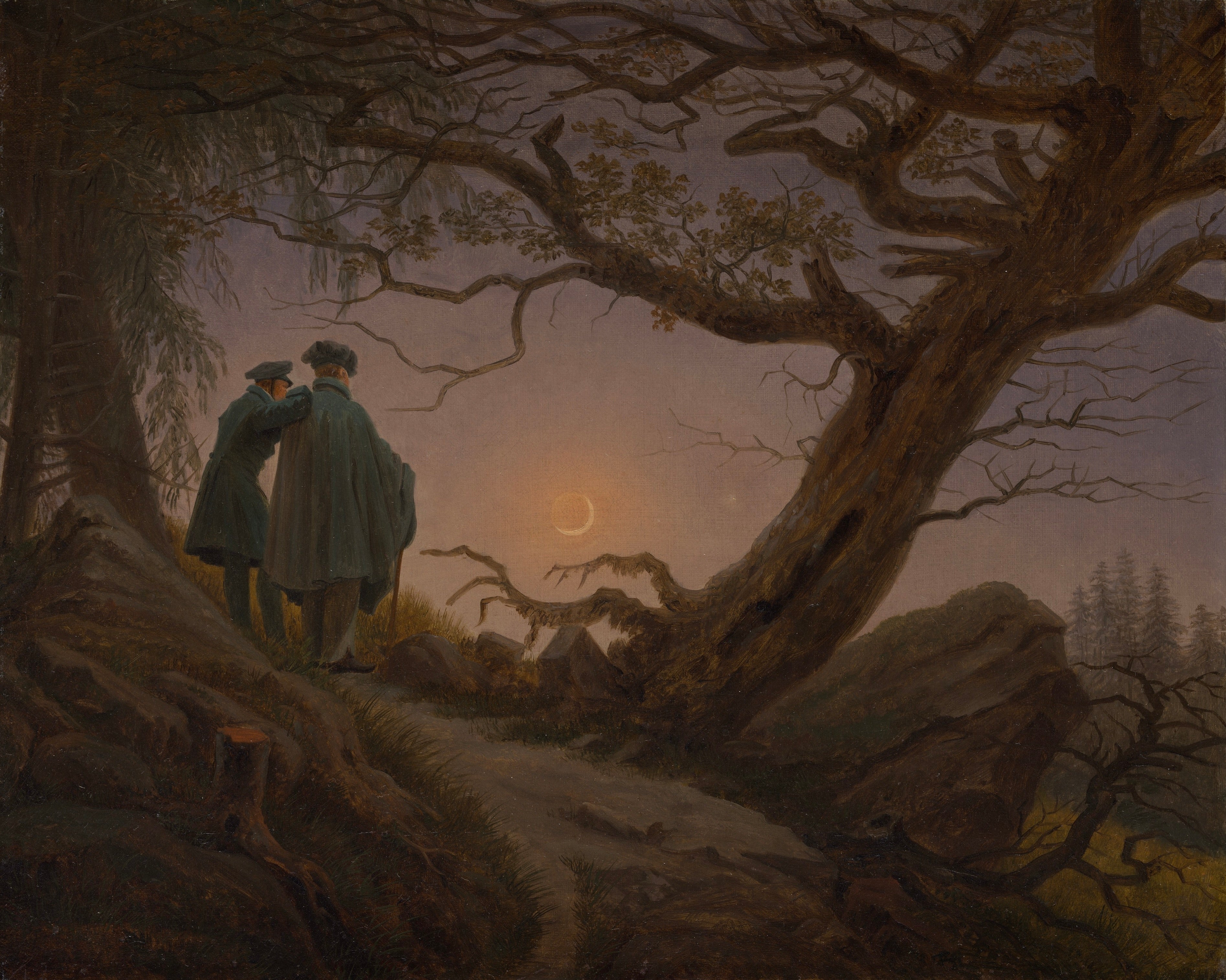 Painting by Caspar David Friedrich showing two men standing in a nighttime landscape, observing the moon.